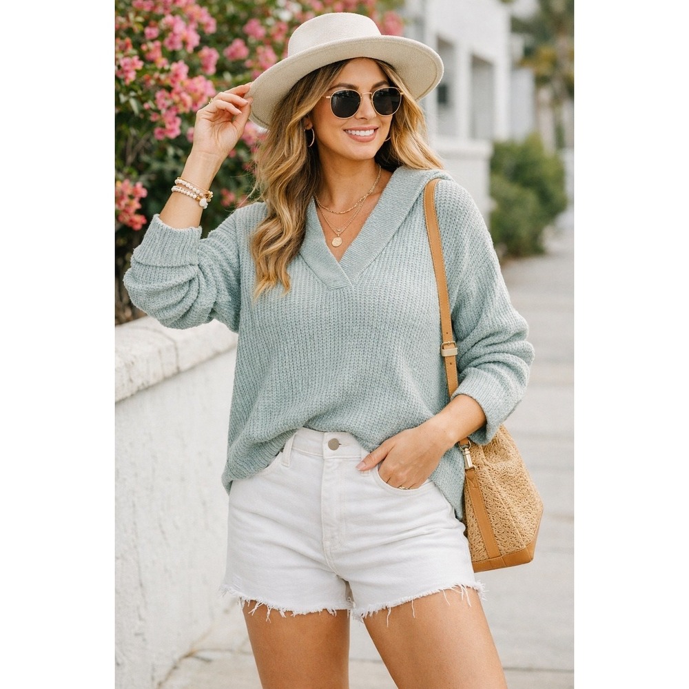Aerie CozyUp Waffle Hoodie Women Small Eyelet Blue V Neck Oversized Sweater